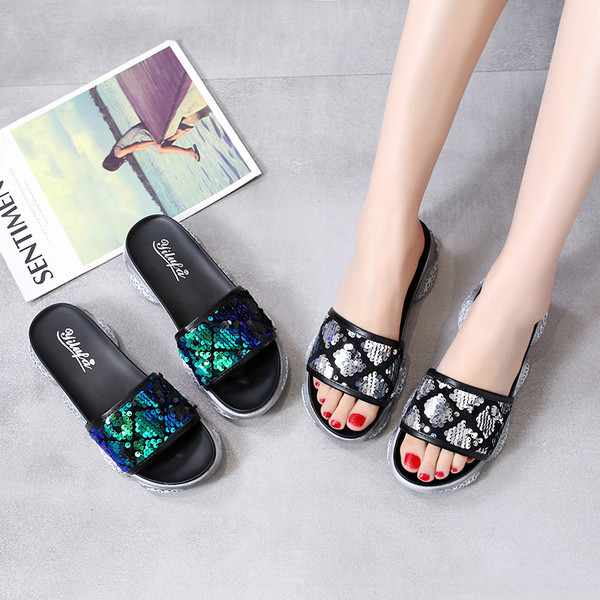 Papuci moderni de dama cu paiete in verde si gri