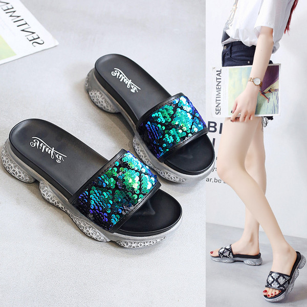 Papuci moderni de dama cu paiete in verde si gri