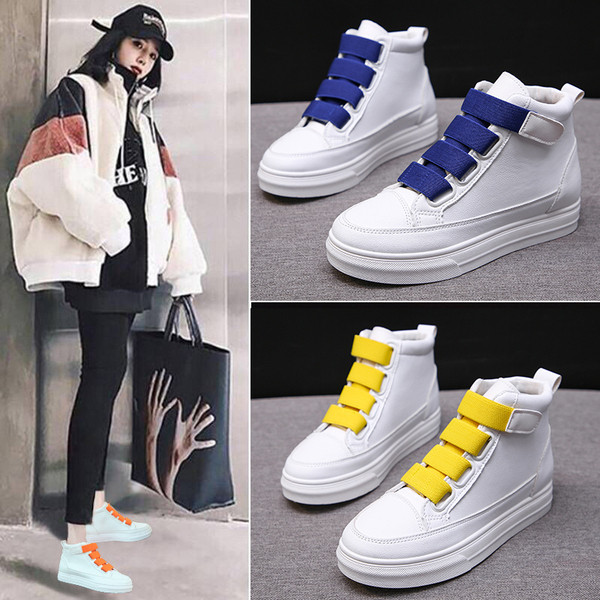 Öko bőrből készült női sportcipő fehér színben, színes nyakkendőkkel