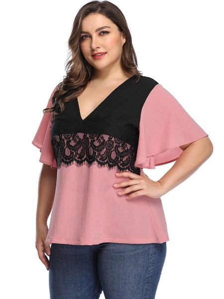 Modern női blúz lótusz ujjal és csipkével, rózsaszínben