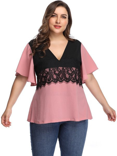 Modern női blúz lótusz ujjal és csipkével, rózsaszínben