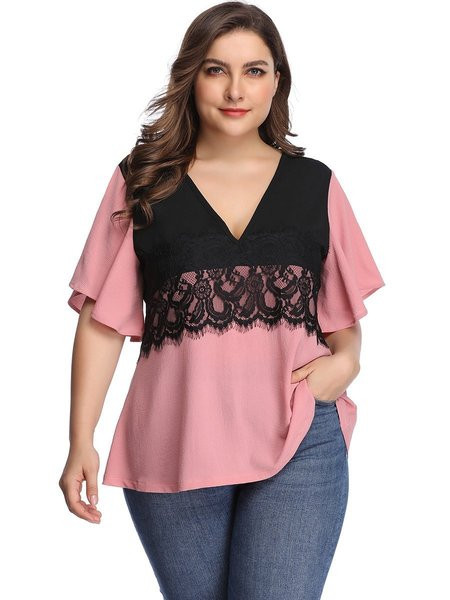 Modern női blúz lótusz ujjal és csipkével, rózsaszínben