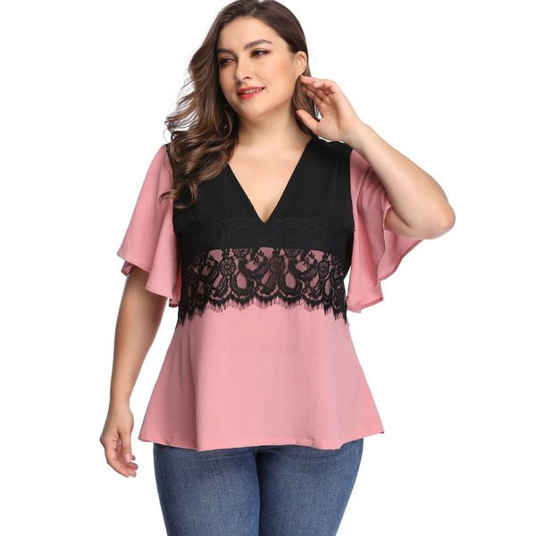 Modern női blúz lótusz ujjal és csipkével, rózsaszínben