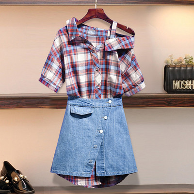 Modern női szett kétrészes ing + farmerszoknya