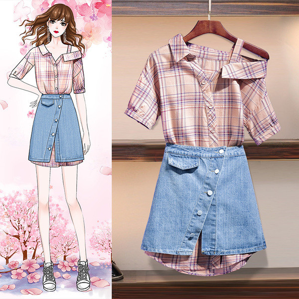 Modern női szett kétrészes ing + farmerszoknya