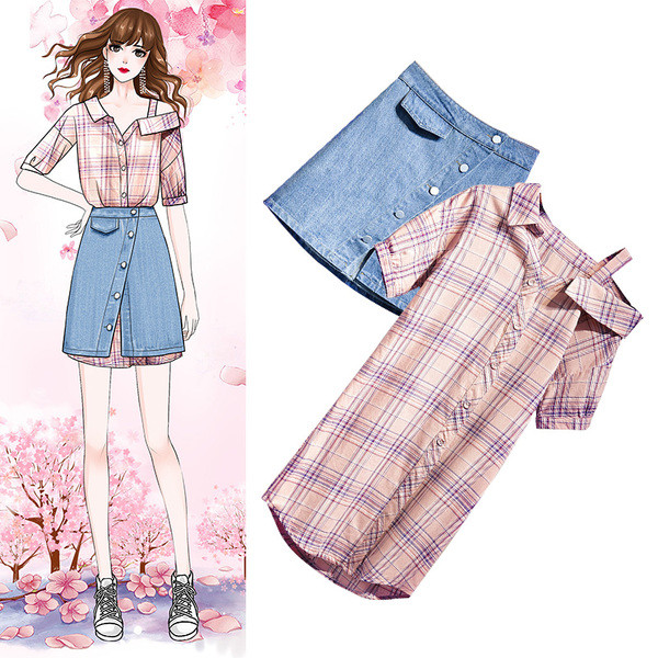 Modern női szett kétrészes ing + farmerszoknya