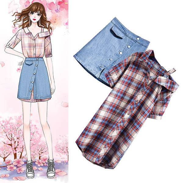 Modern női szett kétrészes ing + farmerszoknya