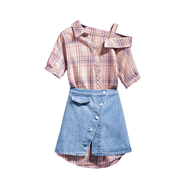 Modern női szett kétrészes ing + farmerszoknya