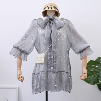 Stílusos női ruha gyöngyökkel fehér és szürke színben