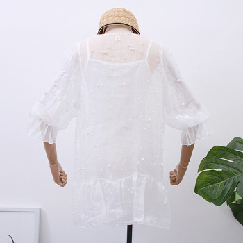 Stílusos női ruha gyöngyökkel fehér és szürke színben