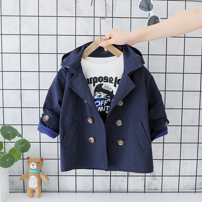 Modern gyerekkabát fiúknak kék és sárga kapucnival