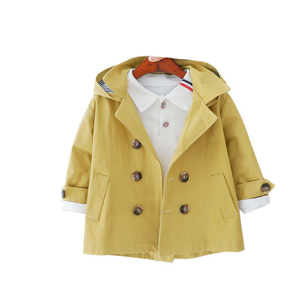 Modern gyerekkabát fiúknak kék és sárga kapucnival