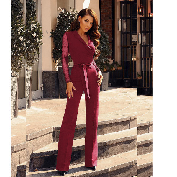 Stílusos női overál, átlátszó ujjakkal és derékkötővel, több színben