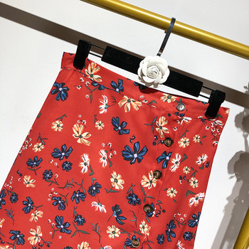 Piros, hosszú, lezser szoknya virágmintával