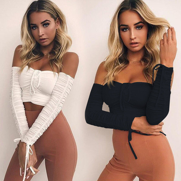 Modern női felső, megkötős, leesett ujjú fehér és fekete színben