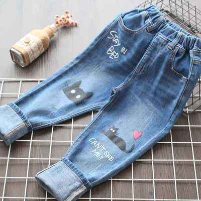 Детски модерни дънки в син цвят с апликация за момичета