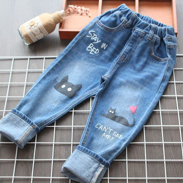 Modern, kék színű, rátéttel ellátott gyerekfarmer lányoknak