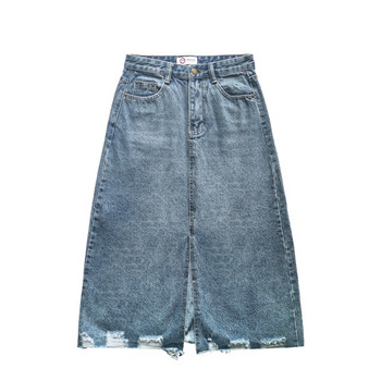 Modern női farmerszoknya magas derékkal, szakadt motívumokkal