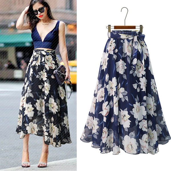 Modern női hosszú szoknya virágos motívummal, két színben