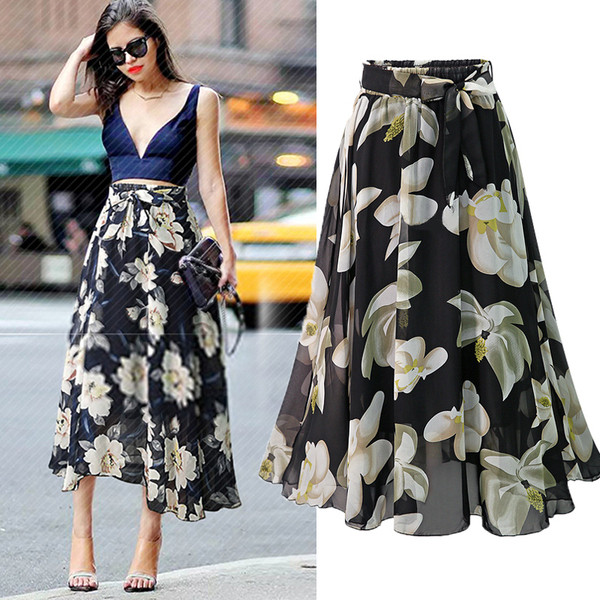 Modern női hosszú szoknya virágos motívummal, két színben