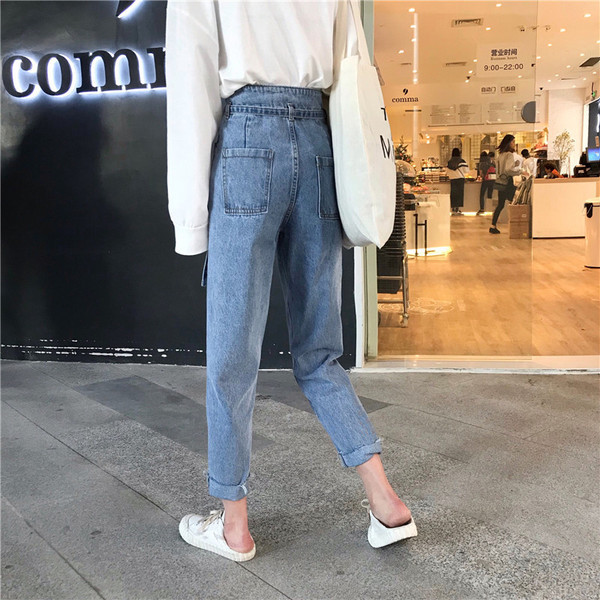 Alkalmi női hosszú farmernadrág magas derékkal, kék színben