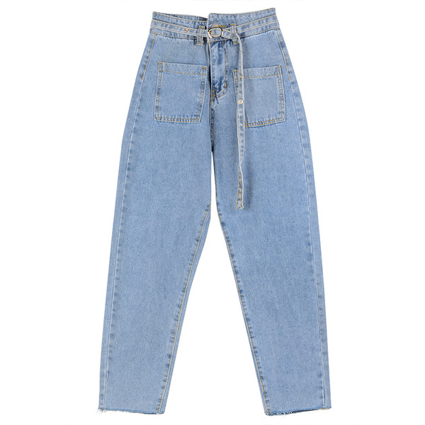 Alkalmi női hosszú farmernadrág magas derékkal, kék színben