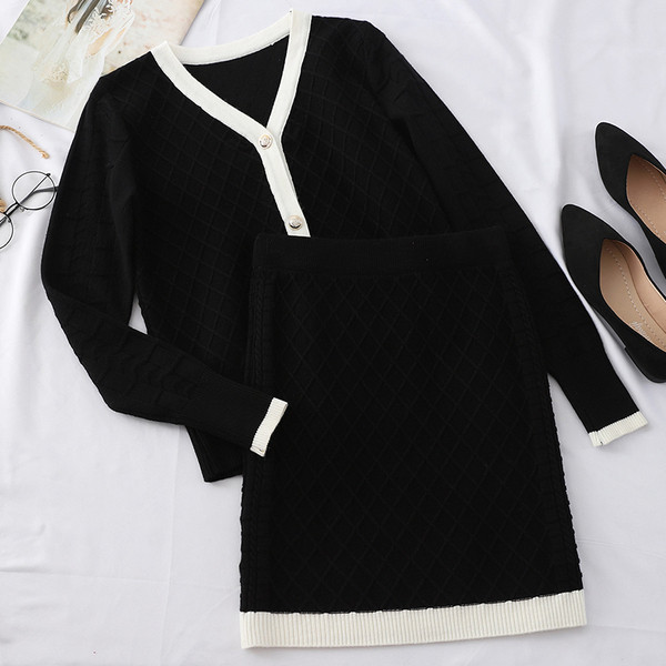 Modern, két részből álló női szett, egy szoknyával és egy kardigánnal, három színben