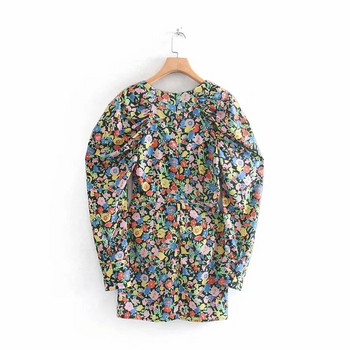 Modern női ruha V-nyakú, hosszú ujjú, virágos motívumokkal