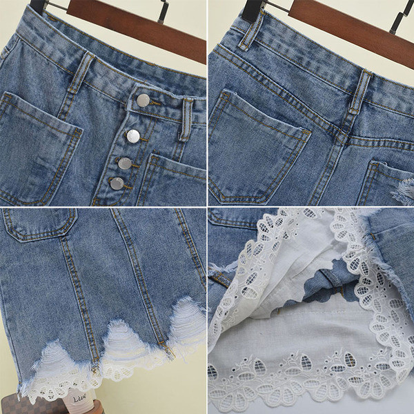 Női farmerszoknya zsebekkel és csipke elemmel