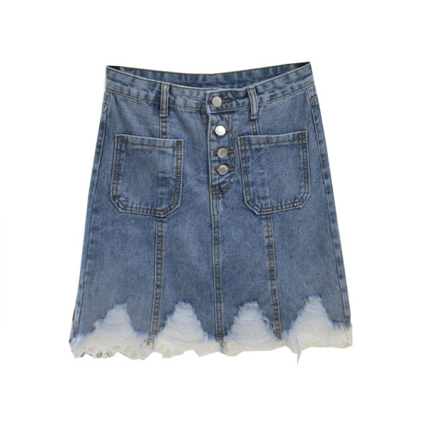 Női farmerszoknya zsebekkel és csipke elemmel