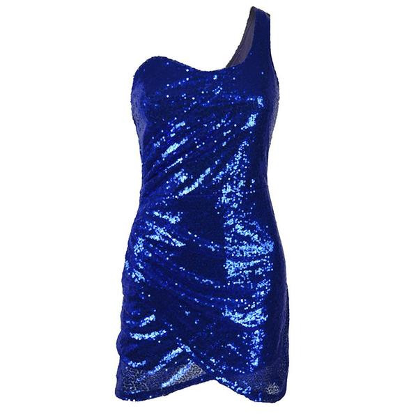 Modern női ruha egy pánttal, rózsaszín és kék flitterekkel