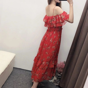 Kivágott női ruha piros pántokkal