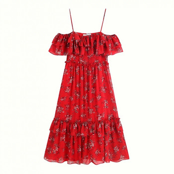 Kivágott női ruha piros pántokkal