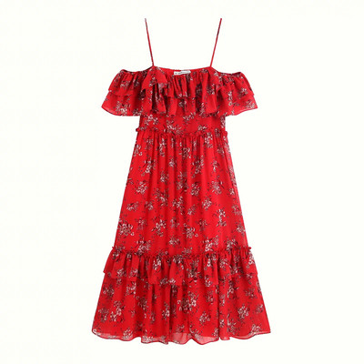 Kivágott női ruha piros pántokkal