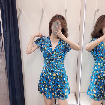 Női alkalmi ruha, kék virágos motívumokkal