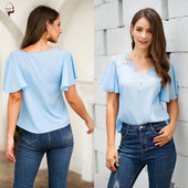 Bluză casual de damă cu mâneci 3/4 și decolteu în V de culoare albastră