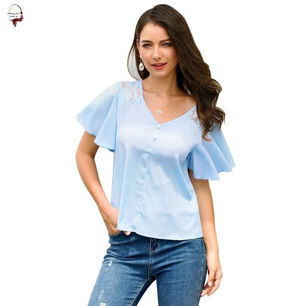 Bluză casual de damă cu mâneci 3/4 și decolteu în V de culoare albastră