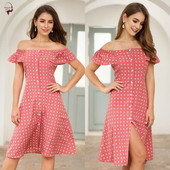 Rochie modernă de damă cu mâneci căzute și nasturi în culoarea roz