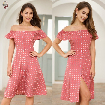 Rochie modernă de damă cu mâneci căzute și nasturi în culoarea roz