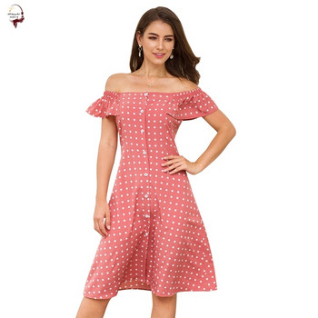 Rochie modernă de damă cu mâneci căzute și nasturi în culoarea roz