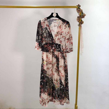Rochie lunga de dama cu model floral si decolteu in V