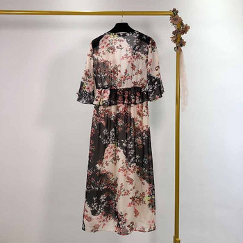 Rochie lunga de dama cu model floral si decolteu in V