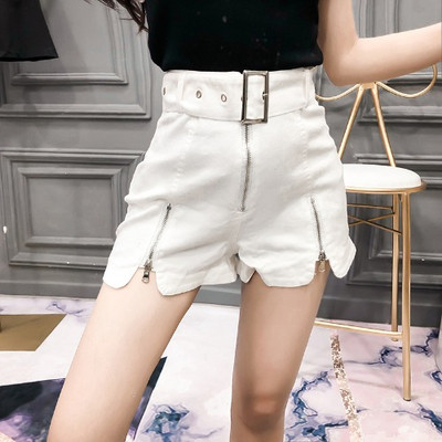 Pantaloni scurți casual de damă, cu talie înaltă, cu fermoar