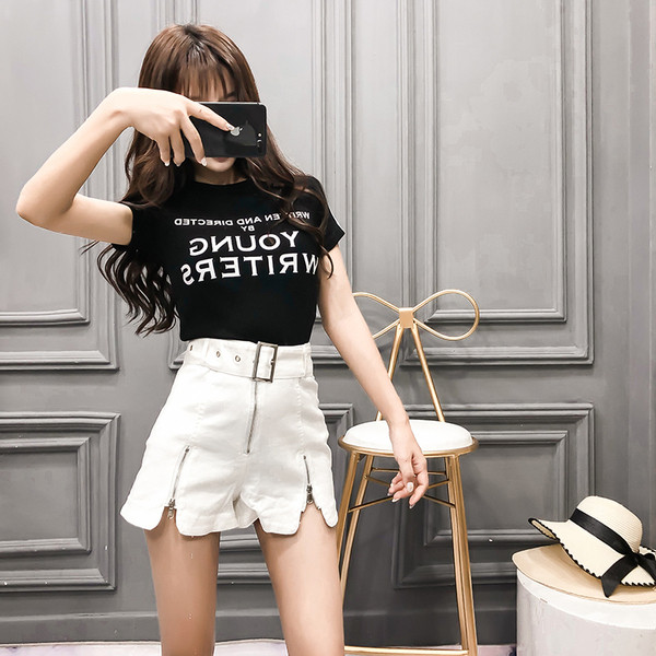 Pantaloni scurți casual de damă, cu talie înaltă, cu fermoar