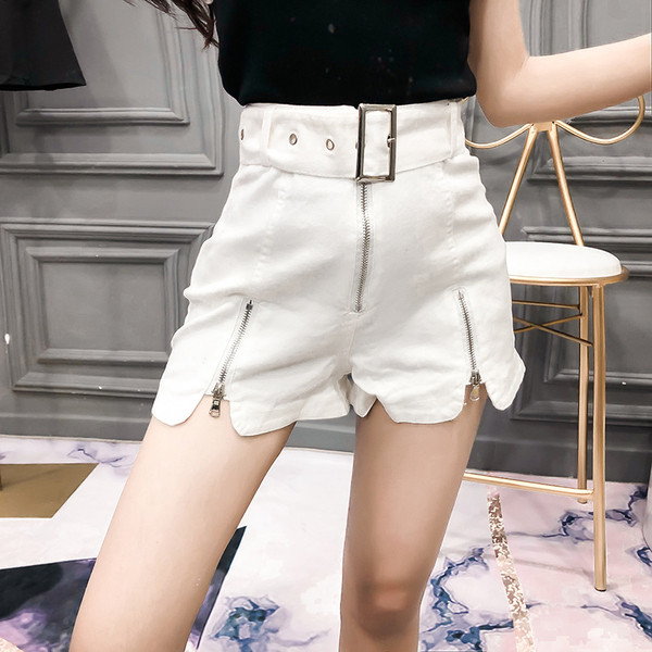 Pantaloni scurți casual de damă, cu talie înaltă, cu fermoar