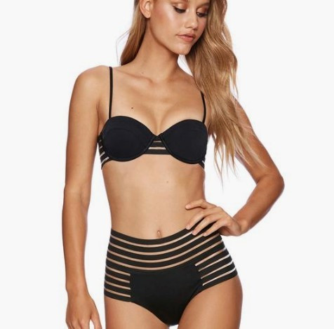 Costum de baie din două piese cu pantaloni cu talie înaltă în negru și roșu