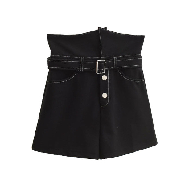 Pantaloni scurți de damă cu talie înaltă în alb-negru