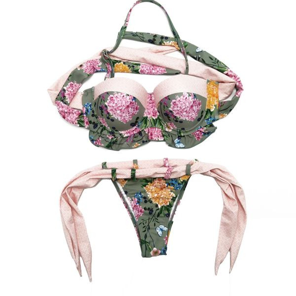 Costum de baie modern din doua piese cu top tip pod in doua culori