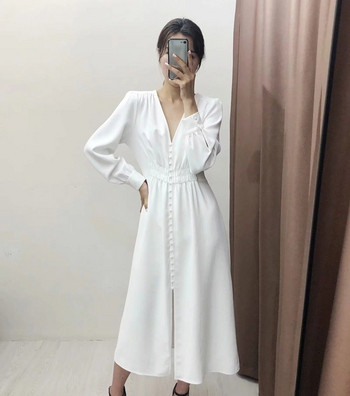Rochie de dama decupata model nou cu maneci lungi de culoare alba