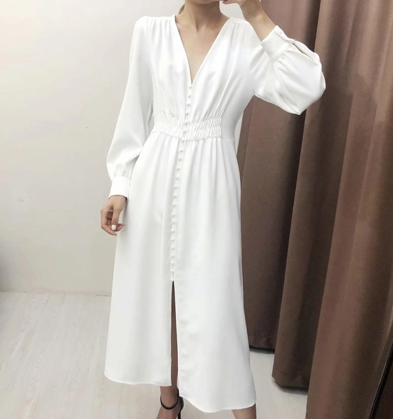 Rochie de dama decupata model nou cu maneci lungi de culoare alba